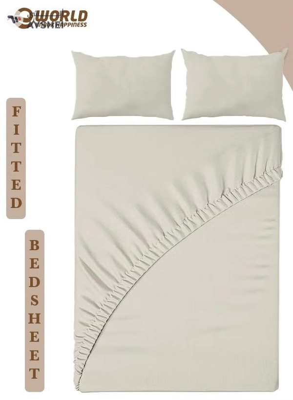 Eworld 3-Piece Cream Cotton Fitted Bedsheet Set Includes 1 Deep-Pocket Sheet and 2 Pillow Covers