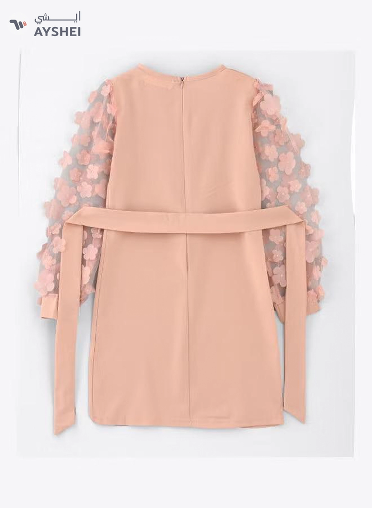  HASHQLO Flower Embellished Full Sleeve Short Dress Pink-1-1