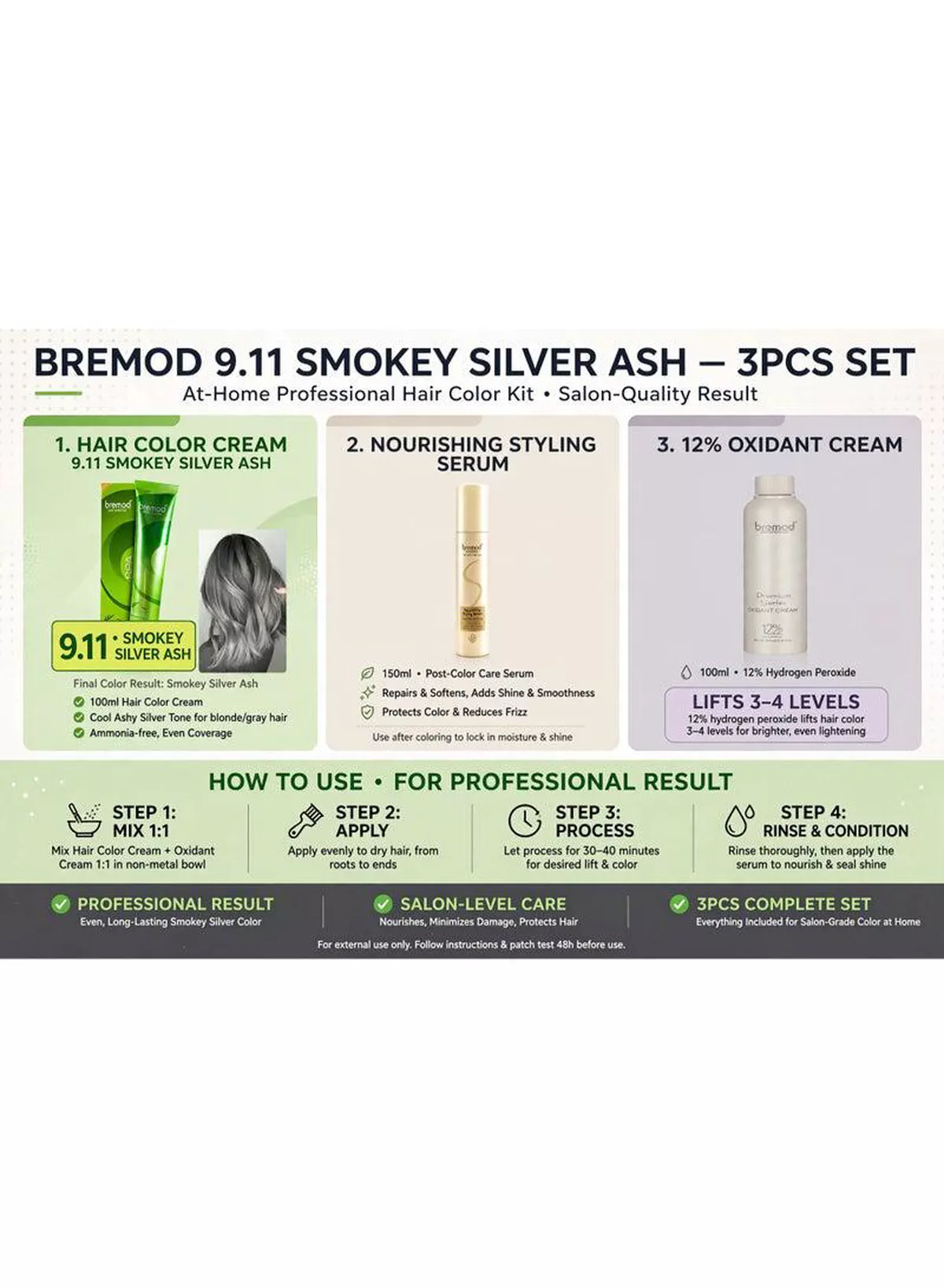Bremod Premium 3PCS Hair Color Set – Smokey Silver Ash 9.11 Hair Color with 12% Oxidant Cream and Professional Styling Spray for Complete Salon-Style Hair Coloring and Styling-6-6