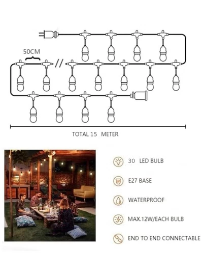 Yuwell Outdoor Waterproof IP65 Led String Lights E27 Holder 15 Meter Bulb Holder Wire For 30 Bulbs Solar Bulb Holder For Ramadan Decoration Lights And Outdoor Decoration Light Hanging Light String Wire Ramadan Light For Commercial Patio Garden & Porch Yard-5