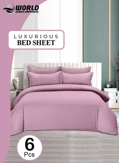 6 Piece Premium King Size Bedding Set, Pink Striped Design and High Quality Cotton Hotel Luxury Bedsheet, Soft Quilt Cover and Pillowcases-0