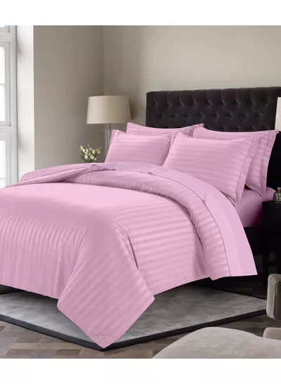 6 Piece Premium King Size Bedding Set, Pink Striped Design and High Quality Cotton Hotel Luxury Bedsheet, Soft Quilt Cover and Pillowcases-4