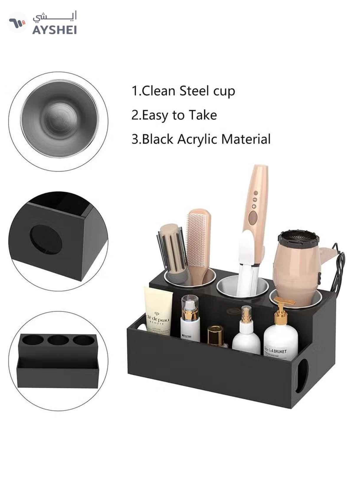 Eworld Black Acrylic Hair Tools Organizer with 3 Stainless Steel cups-1-1