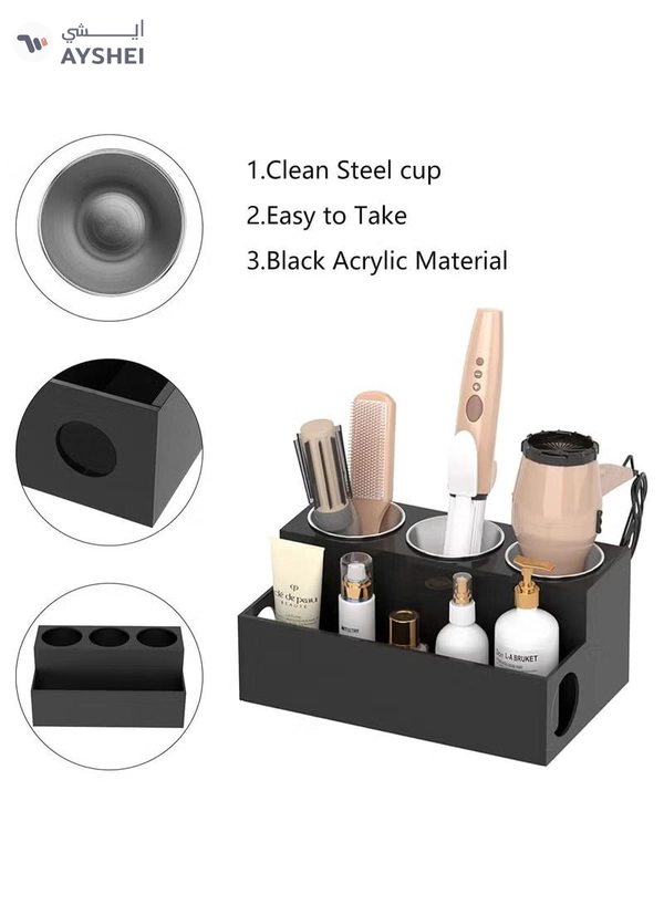Eworld Black Acrylic Hair Tools Organizer with 3 Stainless Steel cups