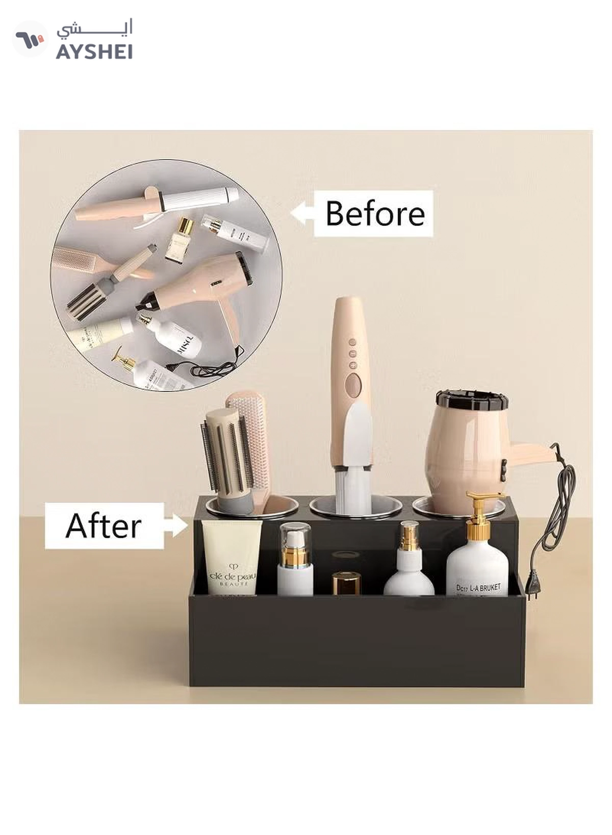 Eworld Black Acrylic Hair Tools Organizer with 3 Stainless Steel cups-4-4