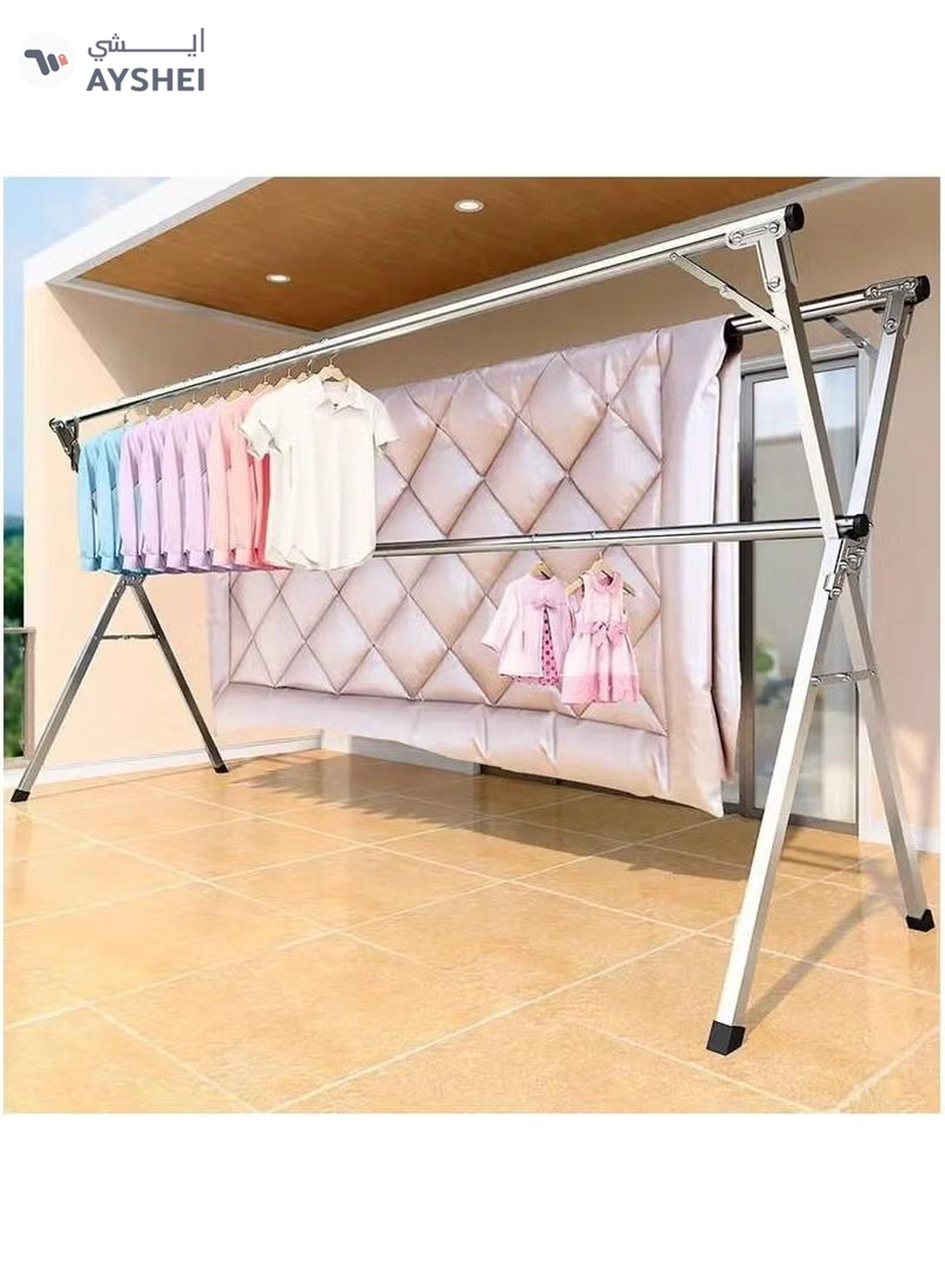 DubaiGallery Clothes Drying Rack for Laundry Foldable Free of Installation Adjustable Stainless Steel Garment Rack-1-1