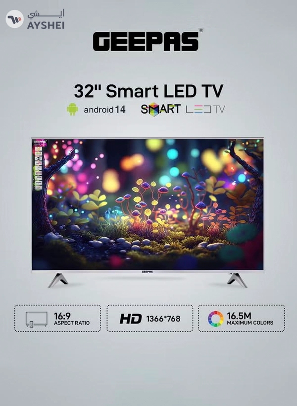 GEEPAS 32 Inch HD Smart LED TV With Remote Control, HDMI And USB Ports, Head Phone Jack, PC Audio In ,Wi-Fi, Android 14.0 With E-Share,YouTube Etc GLED3202SCHD Black