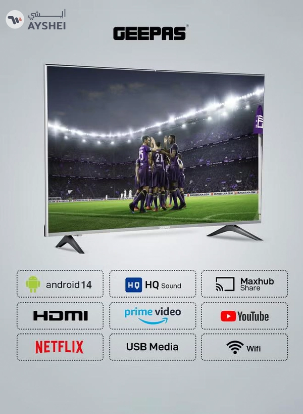 GEEPAS 32 Inch HD Smart LED TV With Remote Control, HDMI And USB Ports, Head Phone Jack, PC Audio In ,Wi-Fi, Android 14.0 With E-Share,YouTube Etc GLED3202SCHD Black