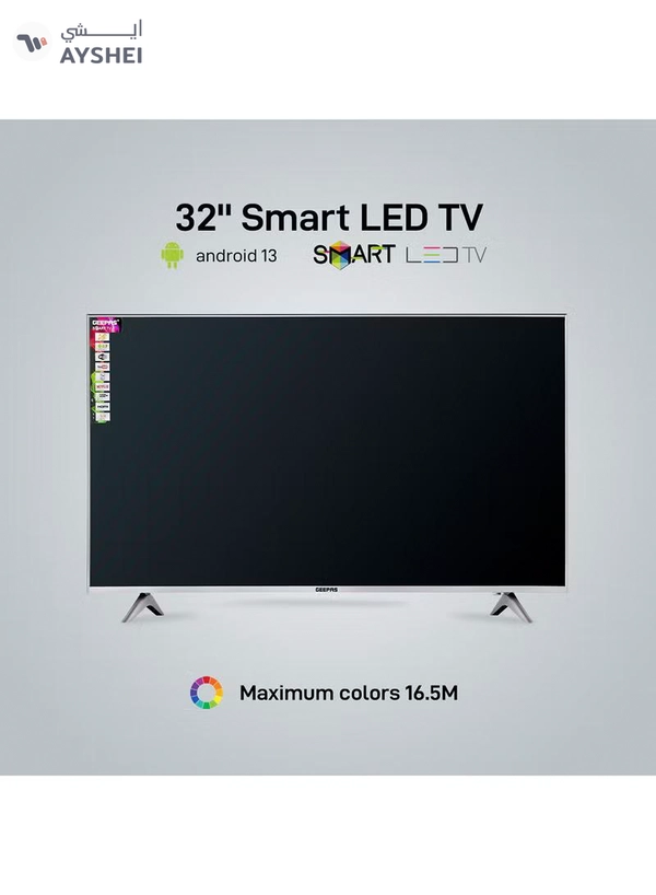 GEEPAS 32 Inch HD Smart LED TV With Remote Control, HDMI And USB Ports, Head Phone Jack, PC Audio In ,Wi-Fi, Android 14.0 With E-Share,YouTube Etc GLED3202SCHD Black