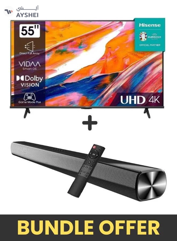Hisense 55 Inch 4K UHD LED Smart TV, HDR, DTS, Virtual X, and Wi Fi With 2.0 Channel Soundbar 30W, HDMI ARC, Bluetooth, USB, MP3, FM Station 55A61K+SOUNDBAR Black