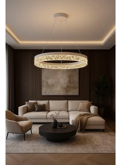 AL THURAYAT Modern and elegant LED chandelier with design. The chandelier LED 50 cm is made of white ring with crystal edges that hang from thin wires to give the place a magical light.-3