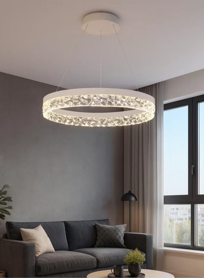 AL THURAYAT Modern and elegant LED chandelier with design. The chandelier LED 50 cm is made of white ring with crystal edges that hang from thin wires to give the place a magical light.-4