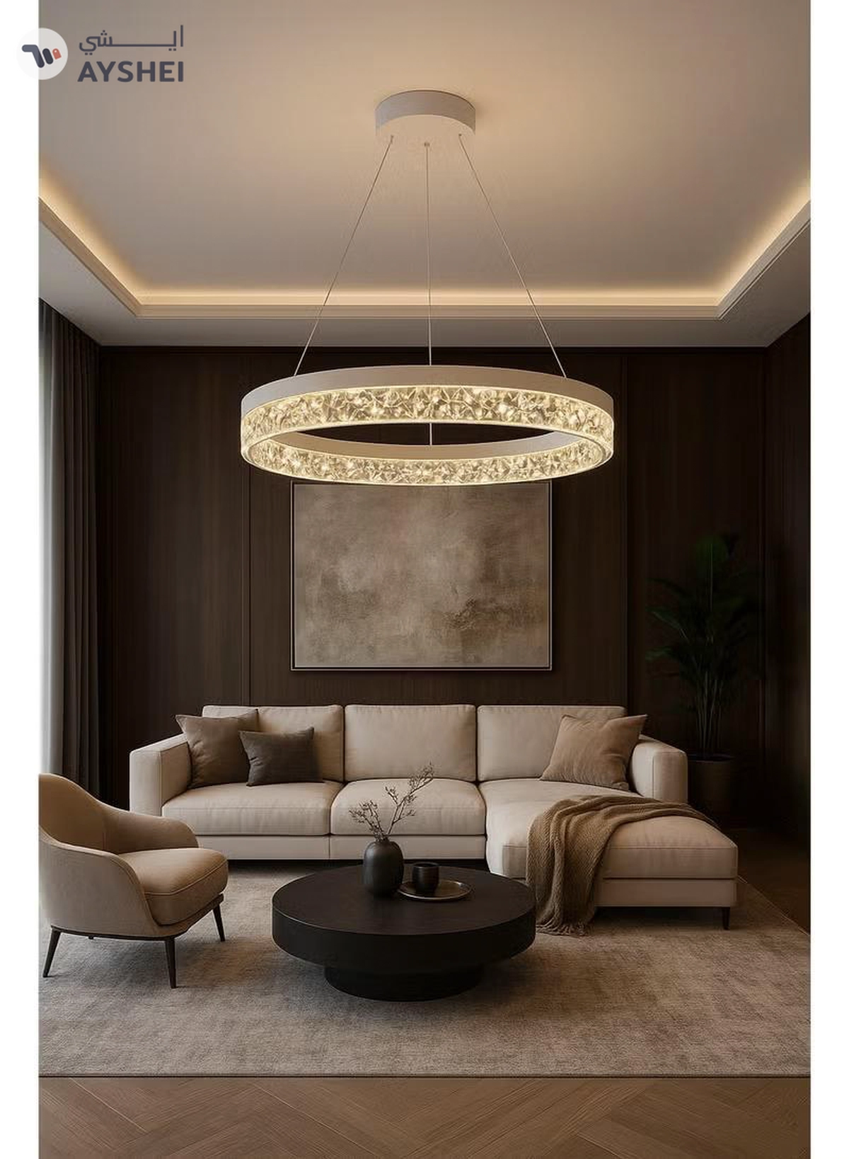 AL THURAYAT Modern and elegant LED chandelier with design. The chandelier LED 50 cm is made of white ring with crystal edges that hang from thin wires to give the place a magical light.-3-3