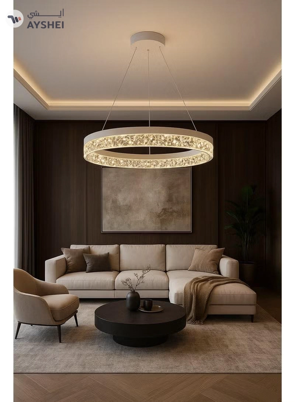 AL THURAYAT Modern and elegant LED chandelier with design. The chandelier LED 50 cm is made of white ring with crystal edges that hang from thin wires to give the place a magical light.
