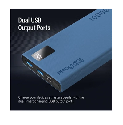 PROMATE 10000 mAh Compact Smart Charging Power Bank with Dual USB-A & USB-C Output 10W Blue-2