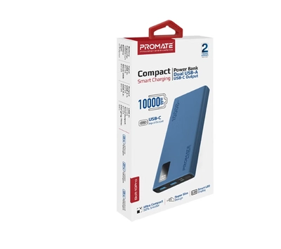 PROMATE 10000 mAh Compact Smart Charging Power Bank with Dual USB-A & USB-C Output 10W Blue-8