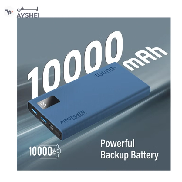 PROMATE 10000 mAh Compact Smart Charging Power Bank with Dual USB-A & USB-C Output 10W Blue