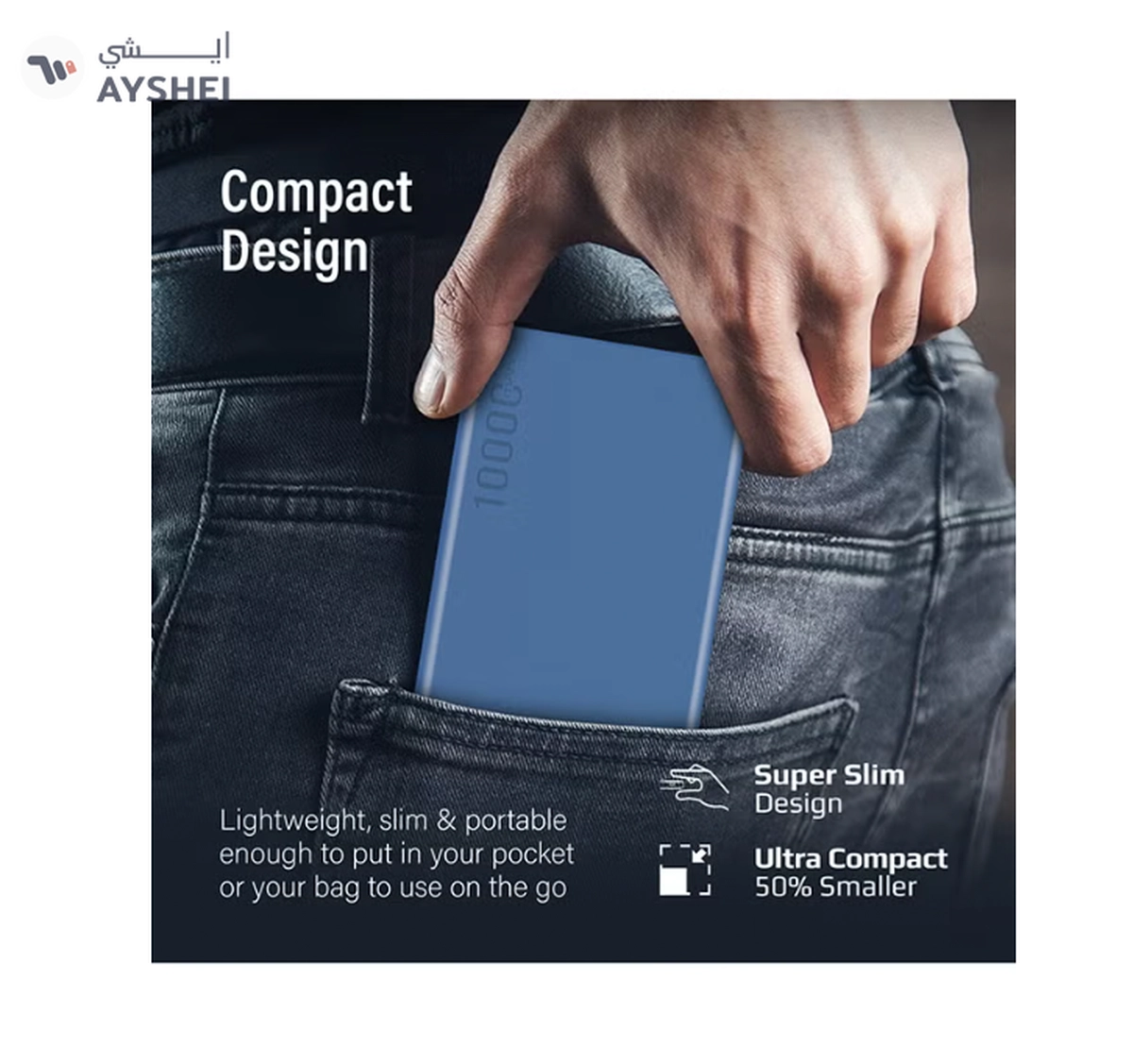 PROMATE 10000 mAh Compact Smart Charging Power Bank with Dual USB-A & USB-C Output 10W Blue-5-5