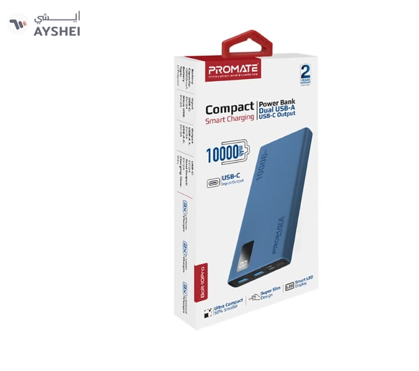 PROMATE 10000 mAh Compact Smart Charging Power Bank with Dual USB-A & USB-C Output 10W Blue