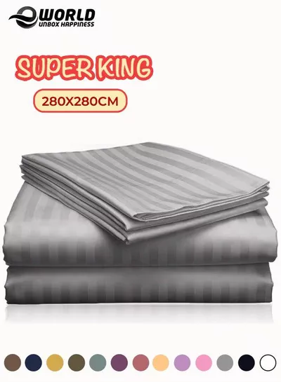 3 Piece Super King Grey Striped Bed Sheet Set – Ultra-Soft Microfiber Striped Sheet & 2 Pillowcases, Breathable Luxury Bedding for Home & Hotel Use-0