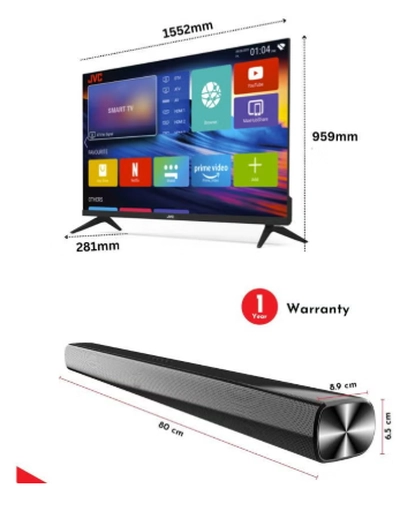 JVC 70-Inch 4K UHD LED Smart TV with HDR10, Android 13, 60Hz Refresh Rate, and 30W 2.0 Channel Soundbar with Bluetooth, HDMI ARC, USB, Optical Inputs LT-70N7105+SOUNDBAR Black-1