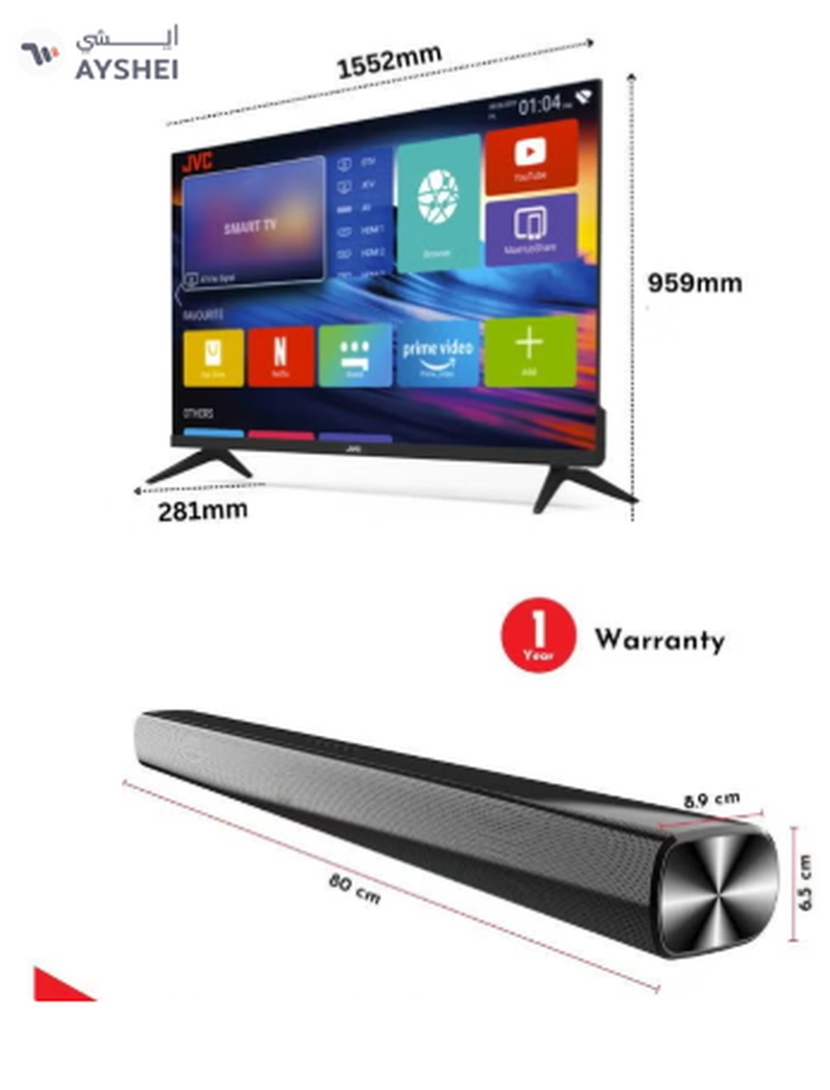 JVC 70-Inch 4K UHD LED Smart TV with HDR10, Android 13, 60Hz Refresh Rate, and 30W 2.0 Channel Soundbar with Bluetooth, HDMI ARC, USB, Optical Inputs LT-70N7105+SOUNDBAR Black-1-1