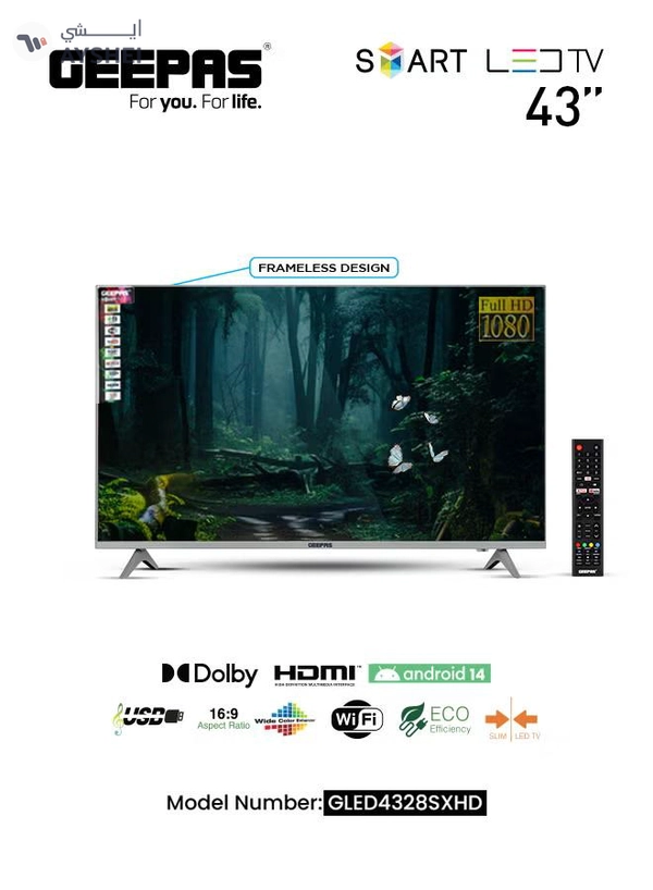 GEEPAS 43" Frameless HD Smart LED TV With Remote Control,HDMI & USB Ports, Head Phone Jack, PC Audio In,Wi-Fi, Android 14.0 with E-Share, YouTube, Netflix GLED4328SXHD Black