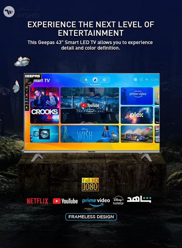 GEEPAS 43" Frameless HD Smart LED TV With Remote Control,HDMI & USB Ports, Head Phone Jack, PC Audio In,Wi-Fi, Android 14.0 with E-Share, YouTube, Netflix GLED4328SXHD Black