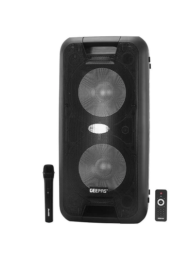 GEEPAS Portable And Rechargeable Professional Speaker- 10 Inch- Wireless Microphones, Battery Rechargeable | 50000 PMPO | Portable Woofer With Trolley Handle Black-0