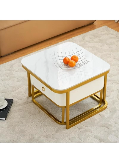 DubaiGallery Nesting Coffee Table Set of 2, Modern Side Table, Round Tempered Glass Marble Texture Stackable Coffee Tables, Living Room Sofa Table, Metal Frame, for Living Room Balcony Office-1