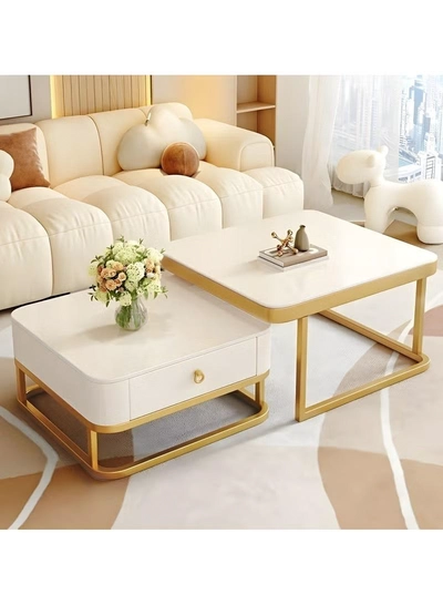 DubaiGallery Nesting Coffee Table Set of 2, Modern Side Table, Round Tempered Glass Marble Texture Stackable Coffee Tables, Living Room Sofa Table, Metal Frame, for Living Room Balcony Office-3