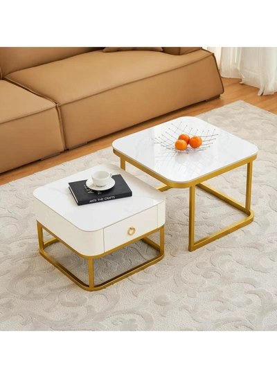DubaiGallery Nesting Coffee Table Set of 2, Modern Side Table, Round Tempered Glass Marble Texture Stackable Coffee Tables, Living Room Sofa Table, Metal Frame, for Living Room Balcony Office-2