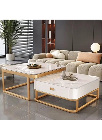 DubaiGallery Nesting Coffee Table Set of 2, Modern Side Table, Round Tempered Glass Marble Texture Stackable Coffee Tables, Living Room Sofa Table, Metal Frame, for Living Room Balcony Office-0