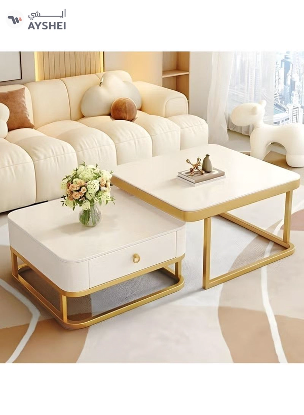 DubaiGallery Nesting Coffee Table Set of 2, Modern Side Table, Round Tempered Glass Marble Texture Stackable Coffee Tables, Living Room Sofa Table, Metal Frame, for Living Room Balcony Office