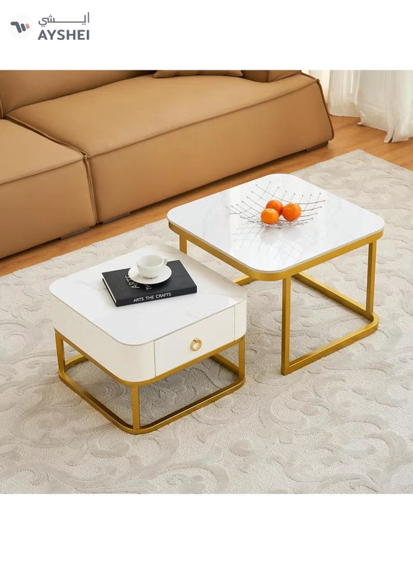 DubaiGallery Nesting Coffee Table Set of 2, Modern Side Table, Round Tempered Glass Marble Texture Stackable Coffee Tables, Living Room Sofa Table, Metal Frame, for Living Room Balcony Office