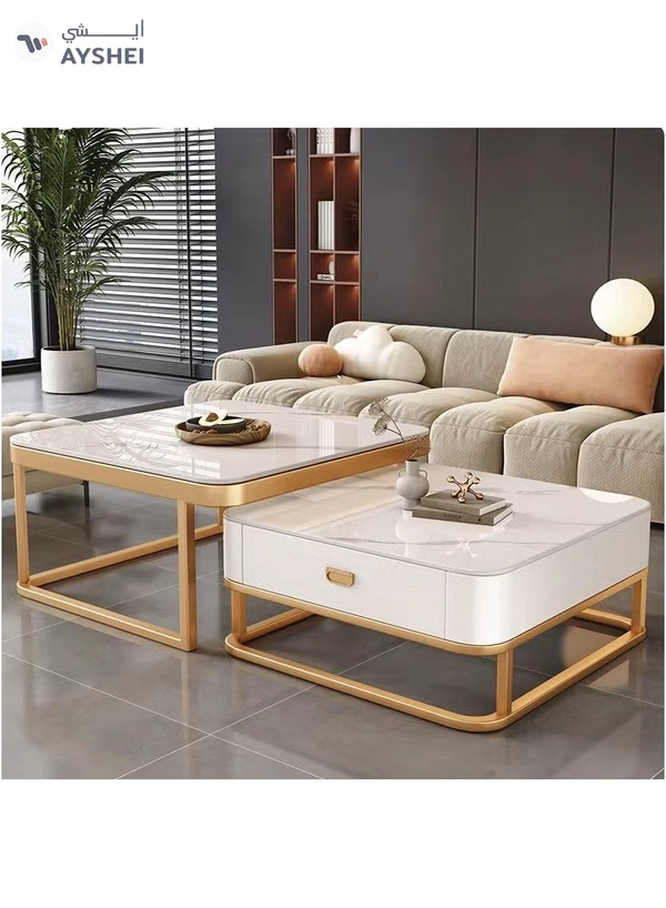 DubaiGallery Nesting Coffee Table Set of 2, Modern Side Table, Round Tempered Glass Marble Texture Stackable Coffee Tables, Living Room Sofa Table, Metal Frame, for Living Room Balcony Office