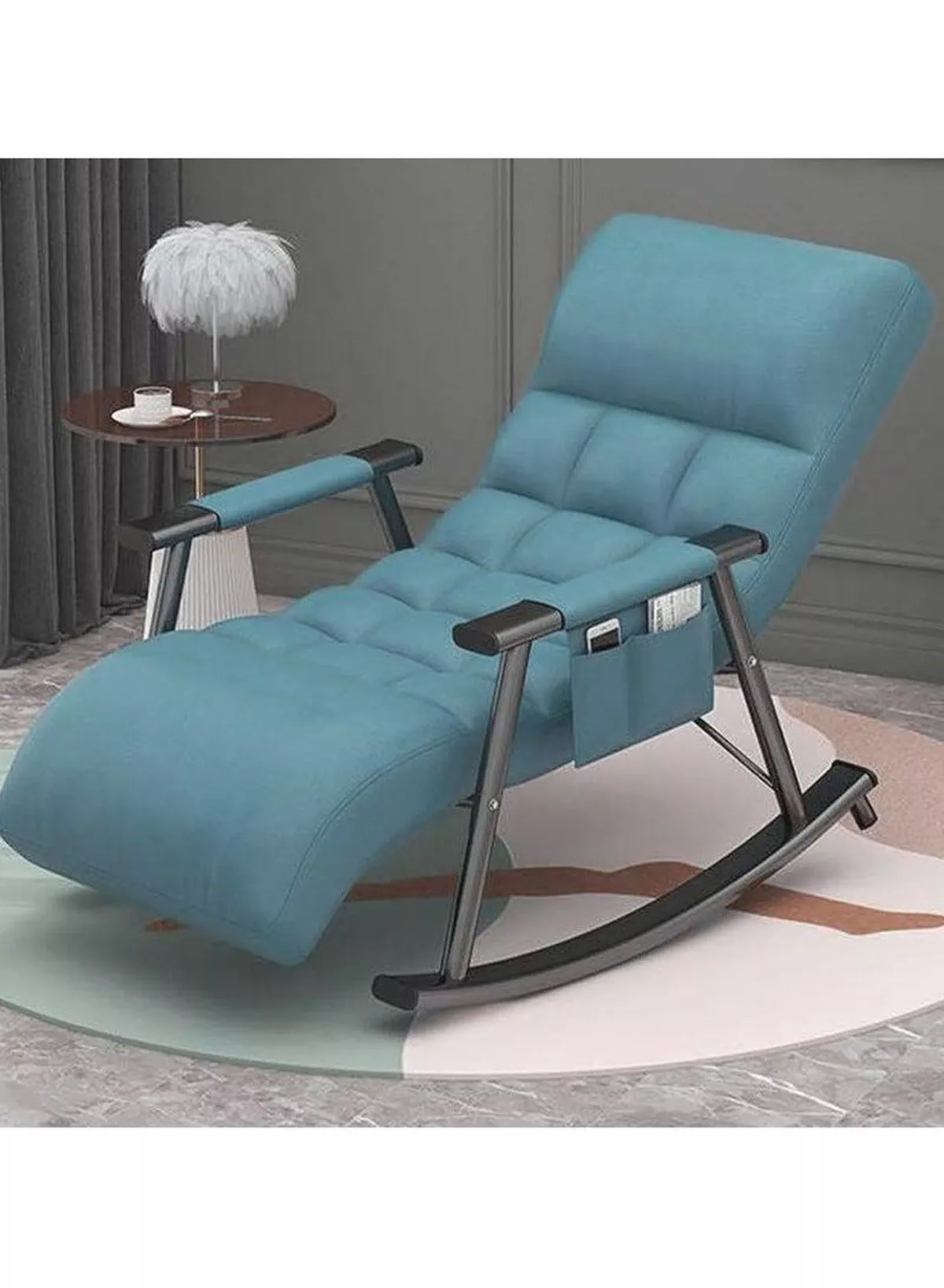 Upholstered High Back Adjustable Rocking Chair Lounge Chair with Padded Rocking Chair with Armrests Storage Bag Modern Lounger Sofa Can Lie or Sleep Lazy Chair for Bedroom Dorm Garden Patio Porch