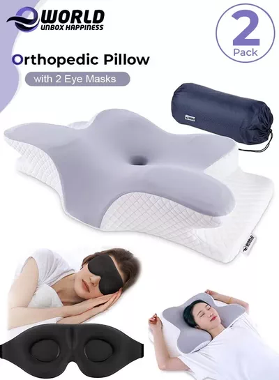 Eworld Pack of 2 Memory Foam Butterfly-Shaped Cervical Pillow for Shoulder and Neck Pain Relief, Ergonomic Orthopedic Support for Side, Back, and Stomach Sleeping, Washable Cover & 2 Sleeping Eye Masks Include-0