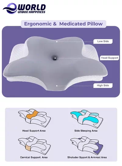 Eworld Pack of 2 Memory Foam Butterfly-Shaped Cervical Pillow for Shoulder and Neck Pain Relief, Ergonomic Orthopedic Support for Side, Back, and Stomach Sleeping, Washable Cover & 2 Sleeping Eye Masks Include-2