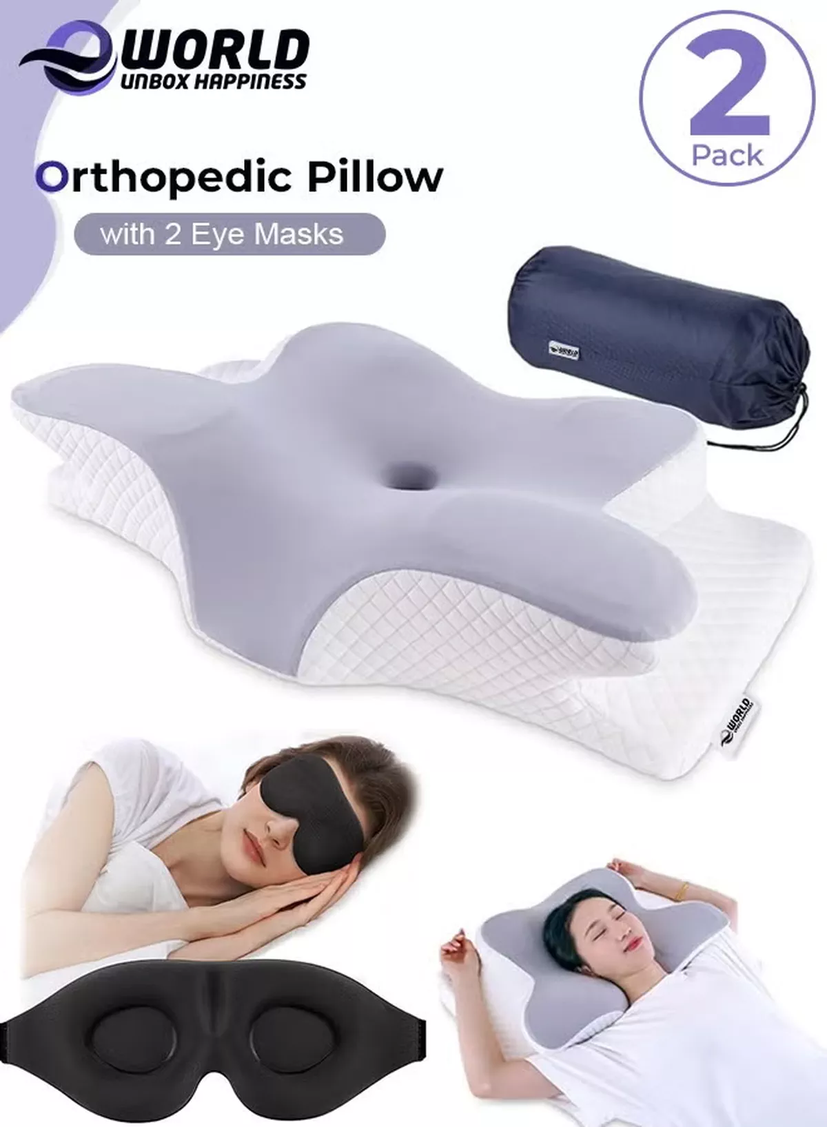 Eworld Pack of 2 Memory Foam Butterfly-Shaped Cervical Pillow for Shoulder and Neck Pain Relief, Ergonomic Orthopedic Support for Side, Back, and Stomach Sleeping, Washable Cover & 2 Sleeping Eye Masks Include