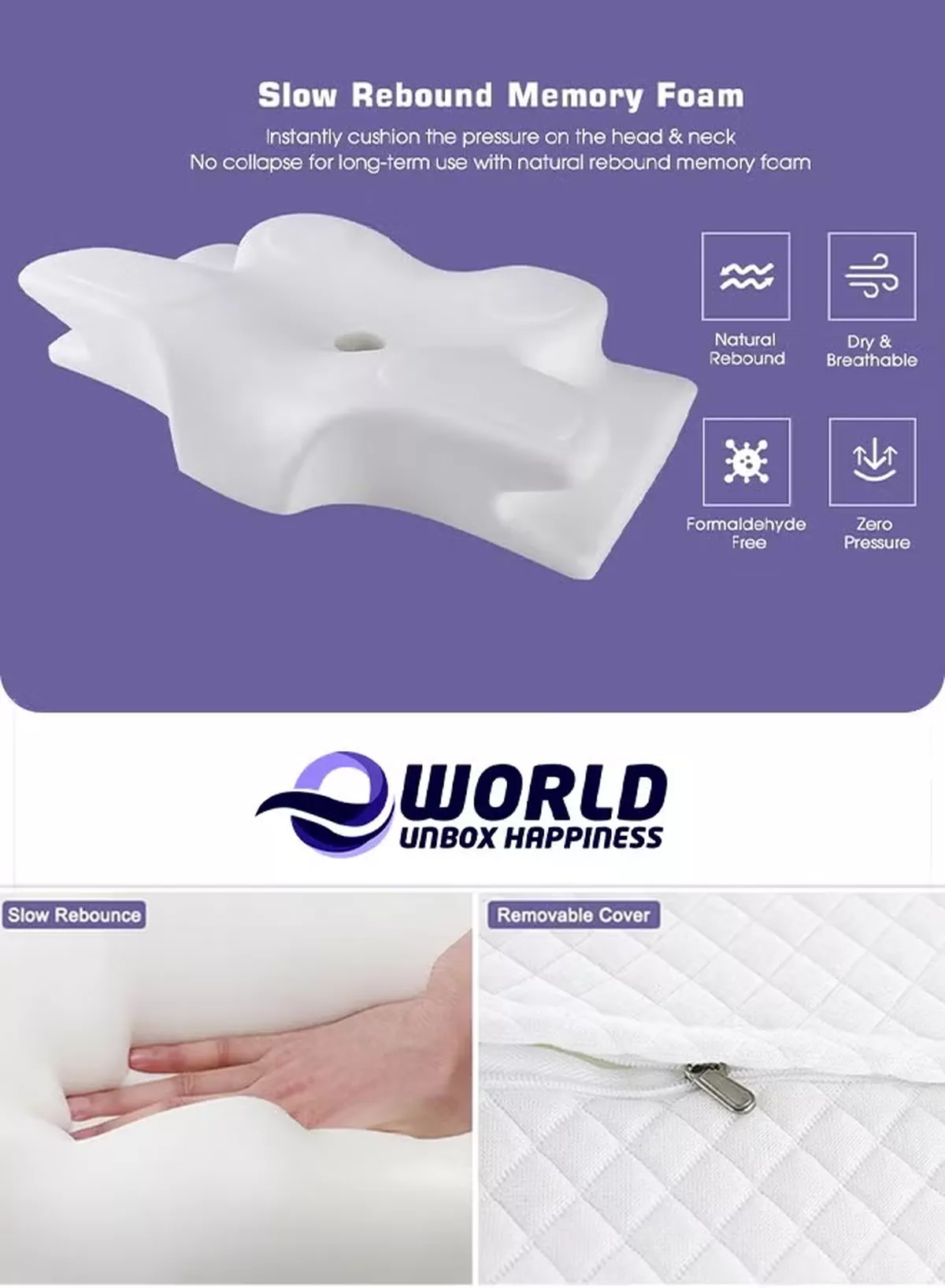 Eworld Pack of 2 Memory Foam Butterfly-Shaped Cervical Pillow for Shoulder and Neck Pain Relief, Ergonomic Orthopedic Support for Side, Back, and Stomach Sleeping, Washable Cover & 2 Sleeping Eye Masks Include-6-6