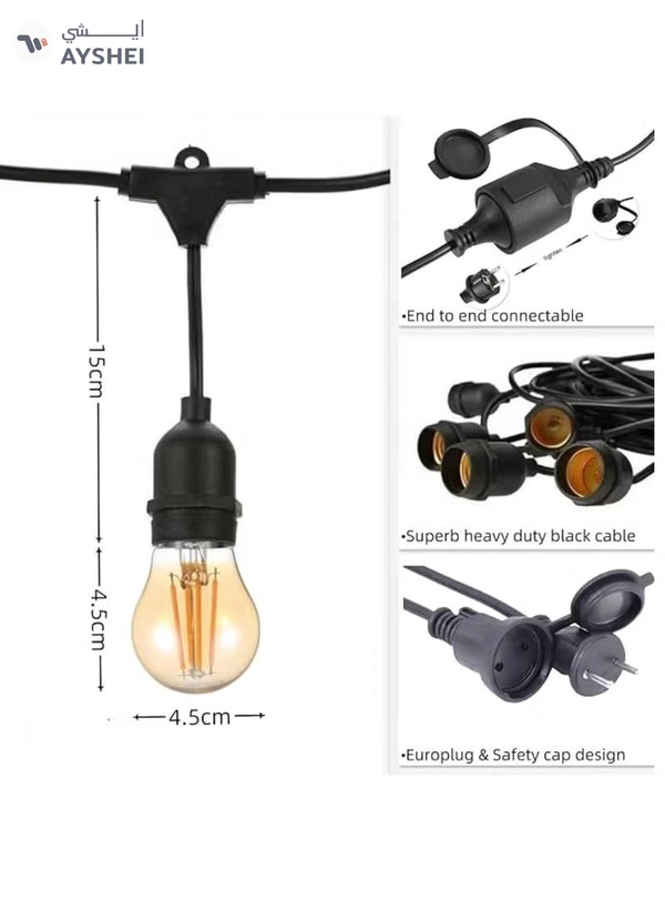 Yuwell Outdoor Waterproof IP65 Led String Lights E27 Holder 15 Meter Bulb Holder Wire With 30 Bulbs 4W A60 Amber With EU Plug Solar Bulb Holder For Ramadan Decoration Lights And Outdoor Decoration Light Hanging Light String Wire Ramadan Light For Commercial Patio Garden & Porch Yard