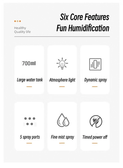 Yuwell 700ML Large Capacity Aromatherapy Air Humidifier 5 Spray Nozzles Heavy Mist USB Aroma Diffuser With Music Rhythm Lamp Humidifiers Multimode Essential Oil Diffuser Flame Aroma Diffuser Auto-Off Orange-1
