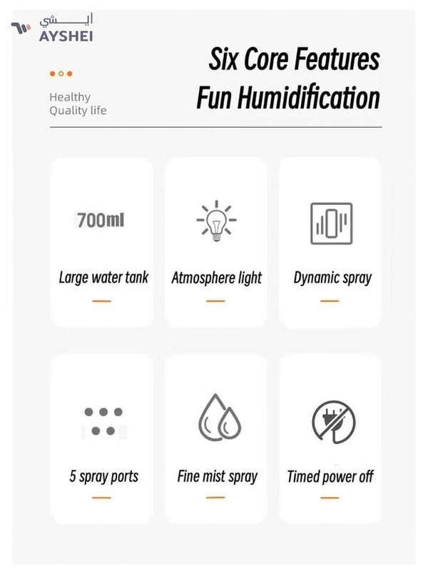 Yuwell 700ML Large Capacity Aromatherapy Air Humidifier 5 Spray Nozzles Heavy Mist USB Aroma Diffuser With Music Rhythm Lamp Humidifiers Multimode Essential Oil Diffuser Flame Aroma Diffuser Auto-Off Orange