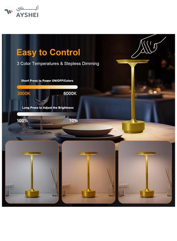 ZERIFAM Cordless Table Lamp, Portable LED Desk Lamps, 2000mAh USB Rechargeable Battery Operated, 3 Color Stepless Dimming Up Touch Lamp for Bedroom Dining Room Restaurant Night Light