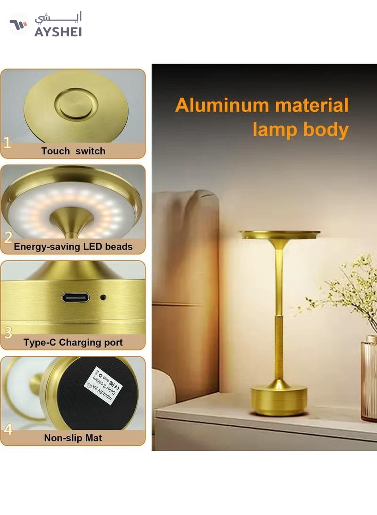 ZERIFAM Cordless Table Lamp, Portable LED Desk Lamps, 2000mAh USB Rechargeable Battery Operated, 3 Color Stepless Dimming Up Touch Lamp for Bedroom Dining Room Restaurant Night Light-3-3