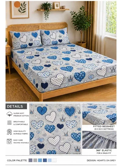 Eworld 3-Piece Fitted Bedsheet Set, Multicolor Patchwork Heart Print, 100% Cotton, 125 GSM, 1 Fitted Sheet + 2 Pillowcases – Available in King, Queen and Single Sizes-0