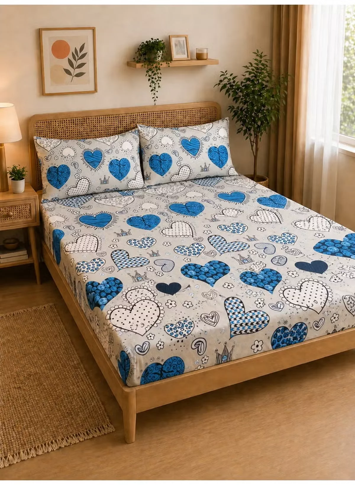 Eworld 3-Piece Fitted Bedsheet Set, Multicolor Patchwork Heart Print, 100% Cotton, 125 GSM, 1 Fitted Sheet + 2 Pillowcases – Available in King, Queen and Single Sizes-2-2
