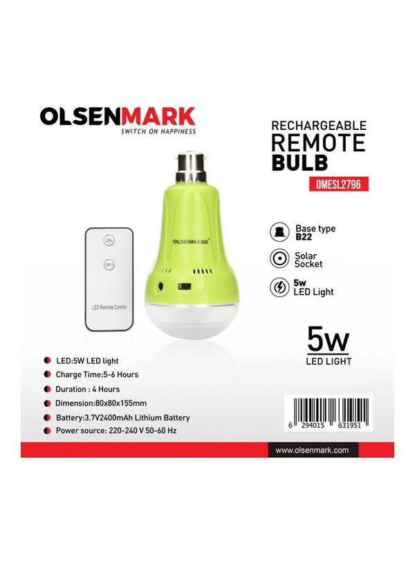 Olsenmark Rechargeable LED Bulb with Remote | Portable 5W LED Light with B22 Base | 2400mAh Battery, 4-Hour Runtime | Ideal for Power Cuts, Travel, Camping & Home Use Pista
