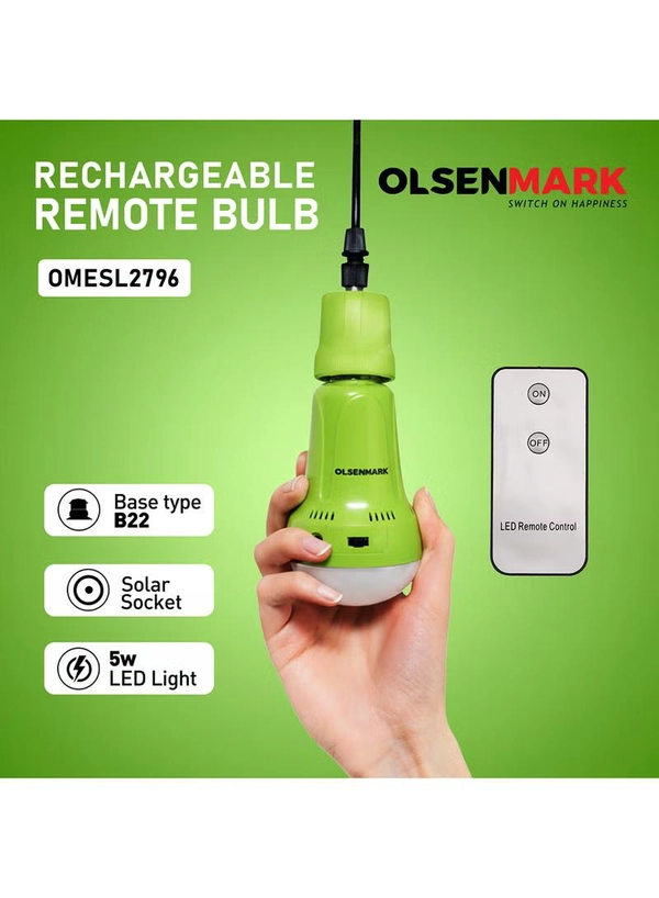 Olsenmark Rechargeable LED Bulb with Remote | Portable 5W LED Light with B22 Base | 2400mAh Battery, 4-Hour Runtime | Ideal for Power Cuts, Travel, Camping & Home Use Pista